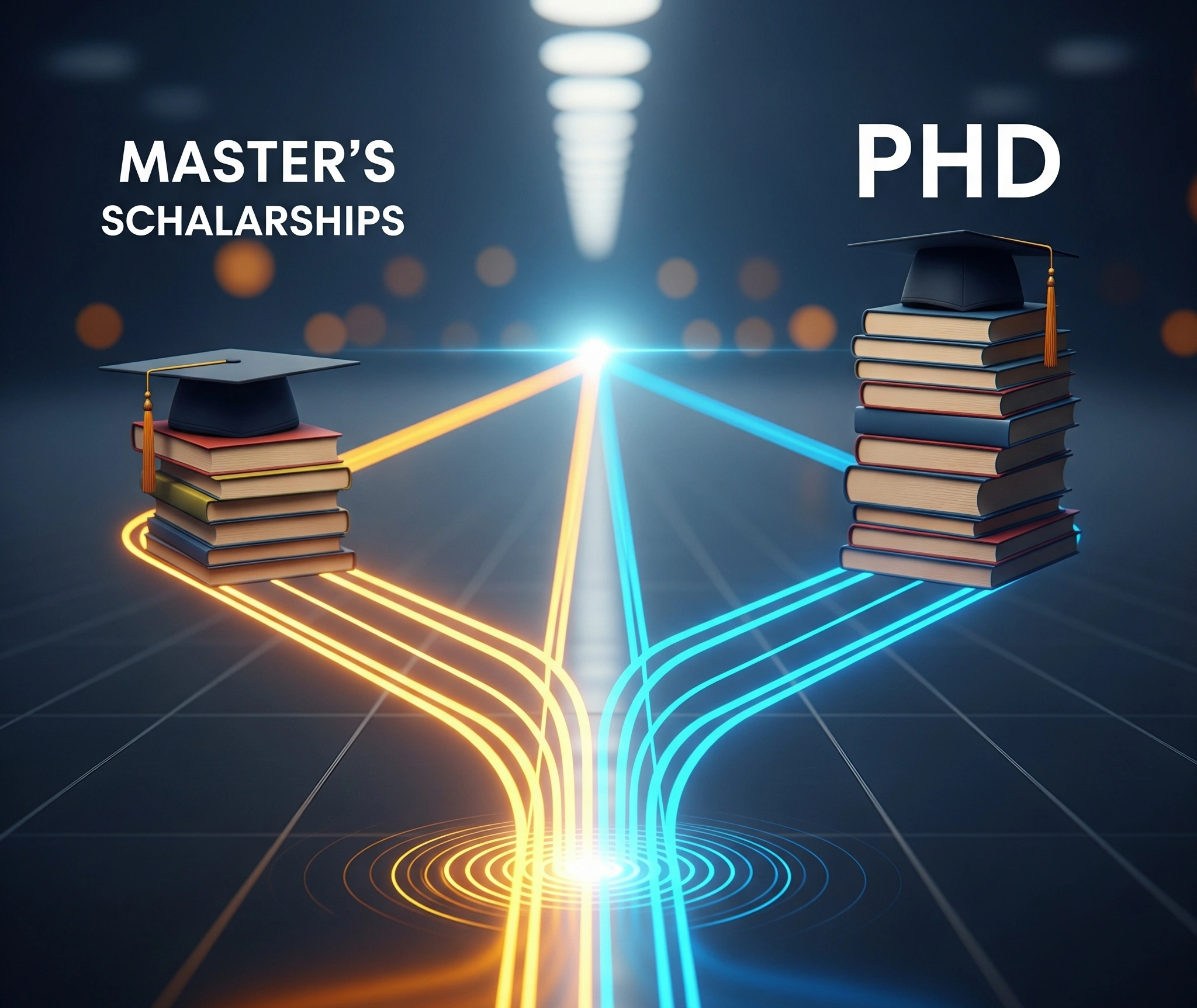 A symbolic image representing the choice between Master's and PhD scholarships, with two distinct academic paths diverging, each leading to a different graduation cap and a stack of books, symbolizing different levels of study and funding.