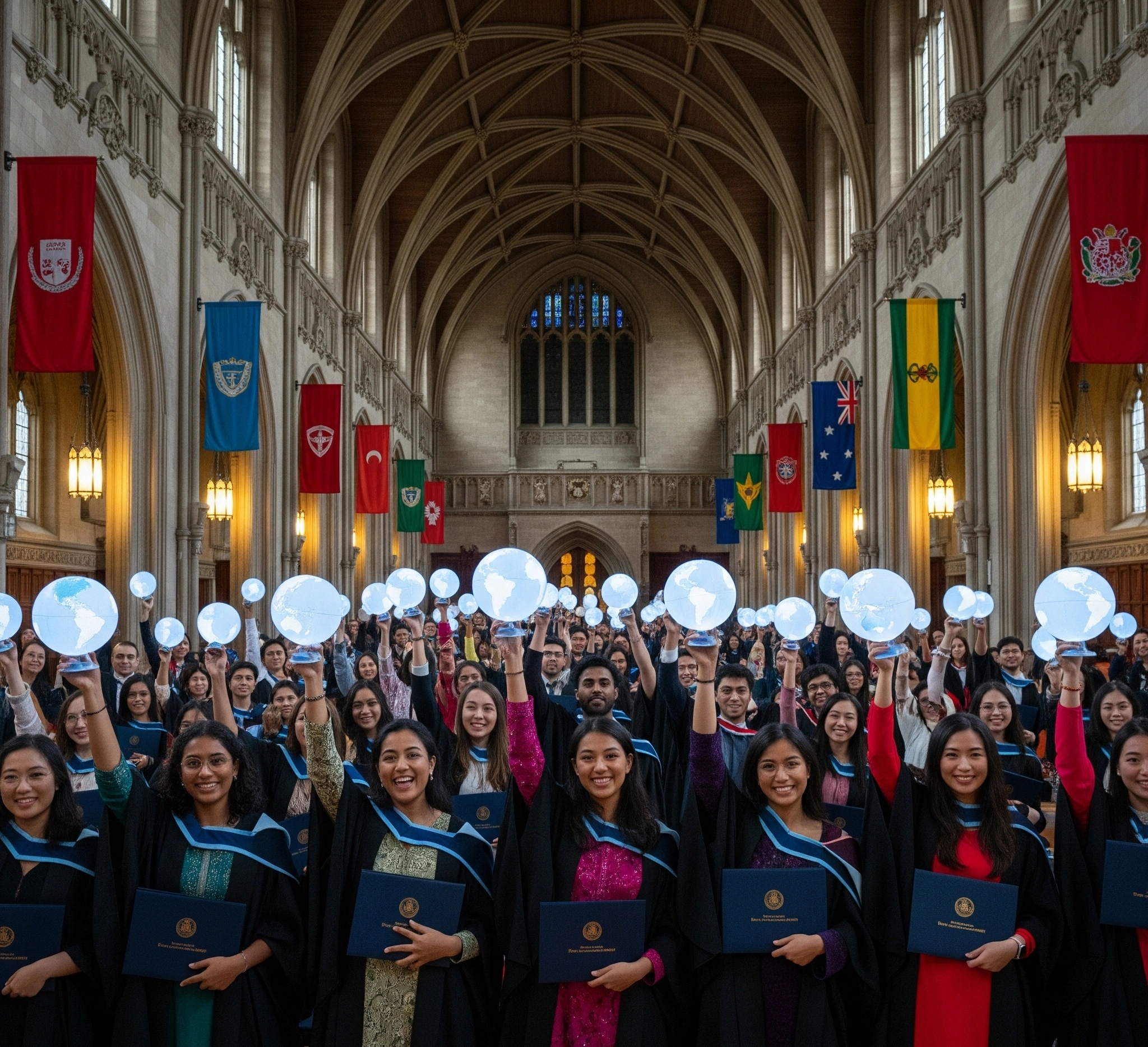 A grand, illuminated academic hall with diverse students from around the world celebrating, holding glowing globes and diplomas, symbolizing global postgraduate opportunities and success. Cinematic, inspiring.