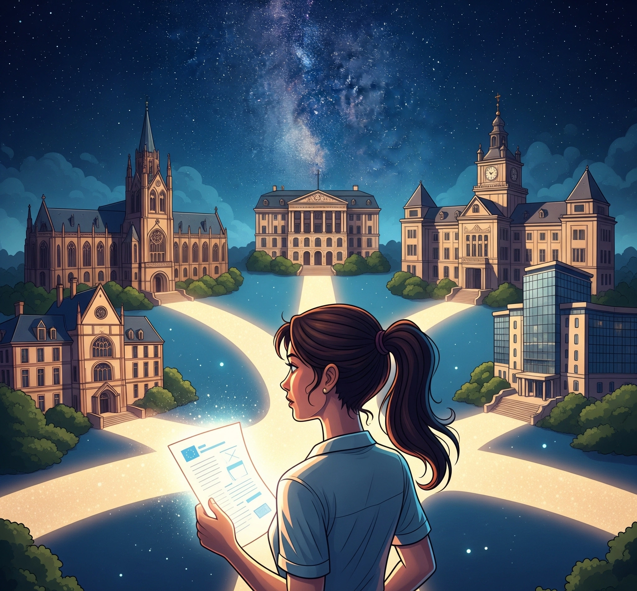A symbolic image depicting a student holding a glowing research paper, standing at a crossroads with paths leading to various European university buildings under a starry sky, symbolizing the journey to a research-based Master's in Europe.