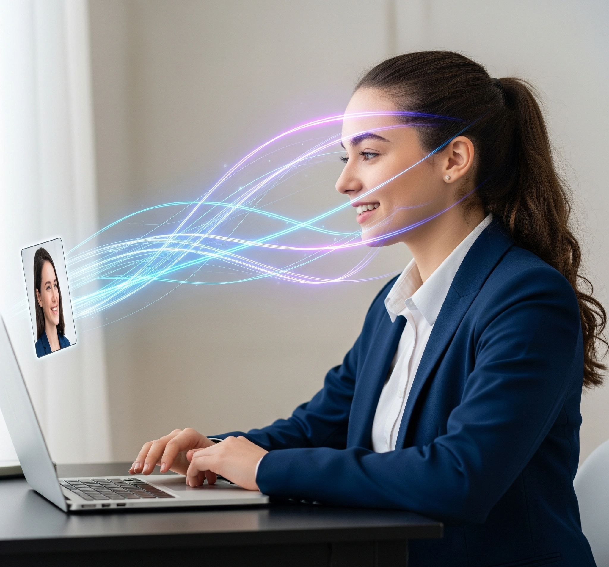 A confident student engaging in a virtual scholarship interview on a laptop, with glowing abstract lines connecting their head to the interviewer's screen, symbolizing effective communication and connection.