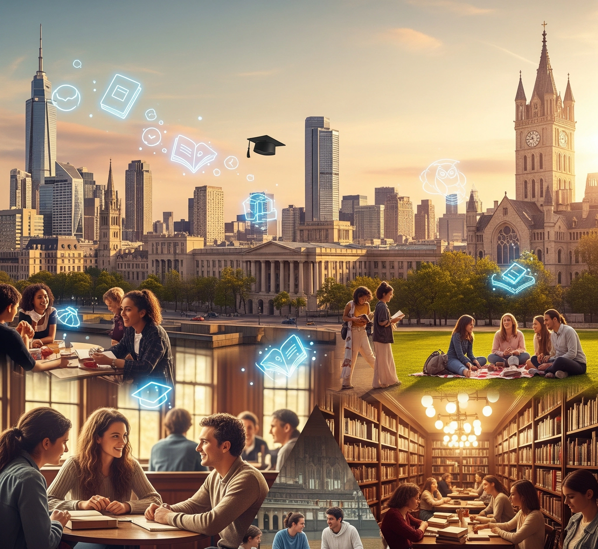 A vibrant, diverse cityscape with iconic landmarks, bustling student life scenes (cafes, libraries, parks), and subtle glowing academic symbols, cinematic lighting, symbolizing ideal **study abroad cities**.