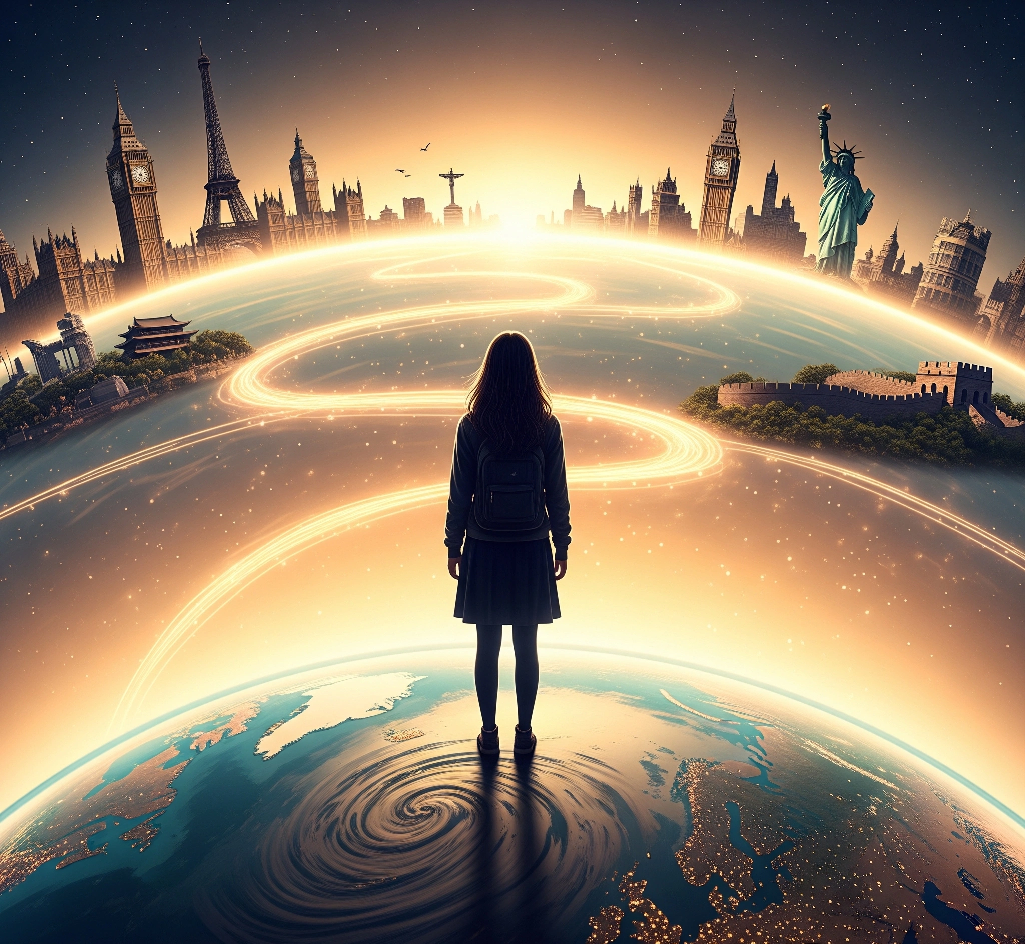 A symbolic and artistic image representing the journey of studying abroad: a student silhouette standing on a globe, looking towards a horizon filled with iconic international landmarks (Eiffel Tower, Big Ben, Statue of Liberty, Great Wall), with subtle glowing pathways connecting them, cinematic lighting, dreamlike quality. This visual encapsulates the **step-by-step guide to studying abroad for first-time students**.