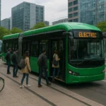 A modern city scene showing electric buses, trams, and trains at a transit hub, highlighting sustainable public transport for green commuting.