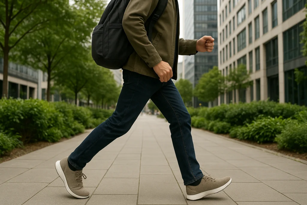 A person walking briskly on a sunny city sidewalk wearing comfortable shoes and carrying a backpack, illustrating walking green commuting as an eco-friendly and healthy transport choice.