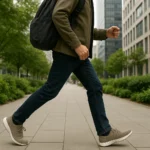 A person walking briskly on a sunny city sidewalk wearing comfortable shoes and carrying a backpack, illustrating walking green commuting as an eco-friendly and healthy transport choice.