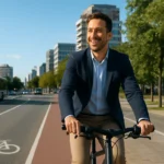 A professional happily cycling to work on a sunny city street with dedicated bike lanes, symbolizing eco commuting and sustainable transport.