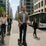 An urban street scene with cyclists, pedestrians, and an electric scooter alongside public transport, symbolizing eco-friendly green commuting ideas for modern city professionals.