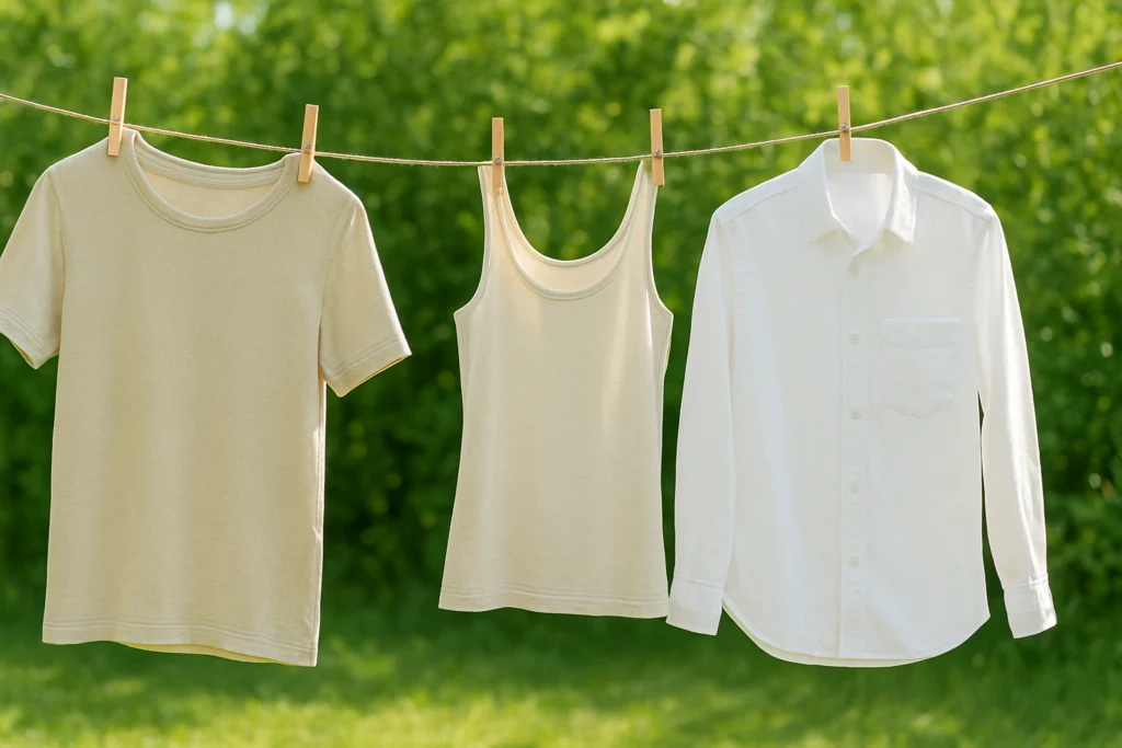 Clothes air-drying on an outdoor clothesline, symbolizing sustainable clothing care and eco laundry tips.