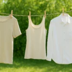 Clothes air-drying on an outdoor clothesline, symbolizing sustainable clothing care and eco laundry tips.
