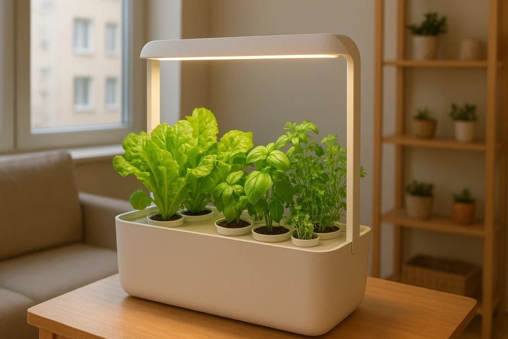 Indoor hydroponic urban gardening setup in a small apartment, growing leafy greens and herbs under LED lights without soil.