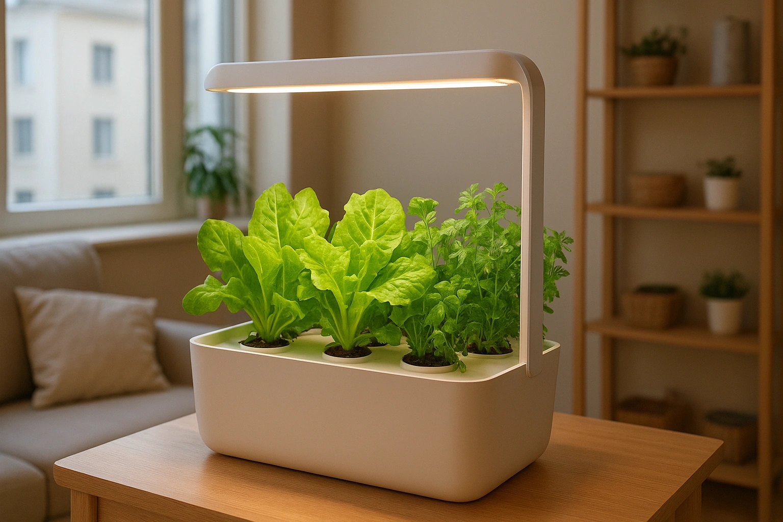 Realistic photo of a compact indoor hydroponics setup for small apartment spaces, growing fresh greens under LED lights.
