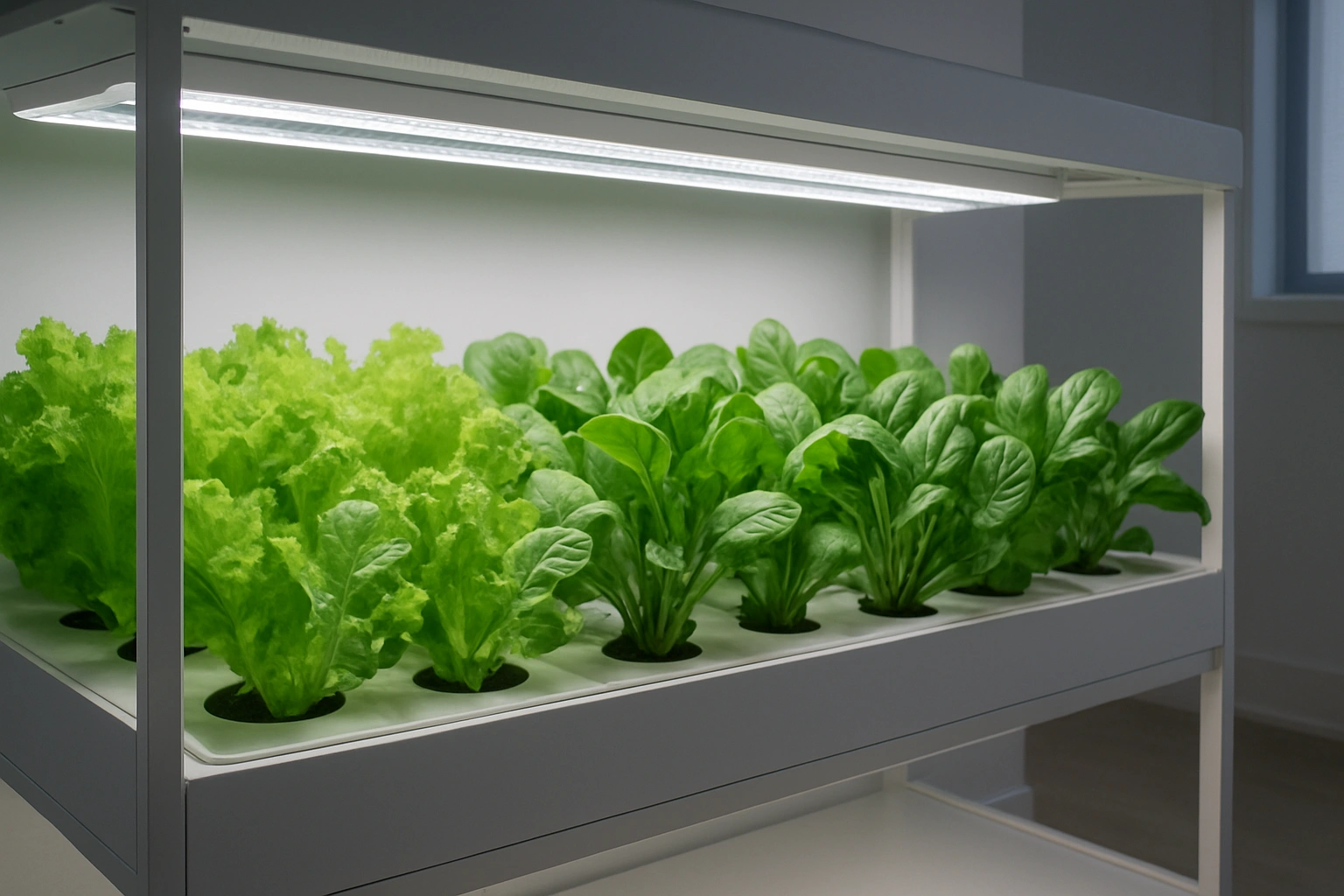 Realistic photo of a modern hydroponic urban gardening system with leafy greens thriving under LED grow lights.