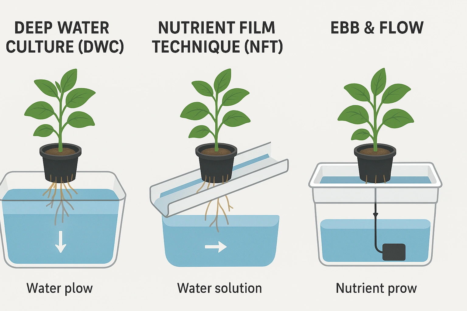 Realistic photo-style diagram comparing different hydroponic systems including DWC, NFT, and Ebb & Flow, showing how each method works.