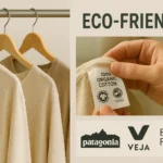 Thumbnail featuring eco-friendly clothing, brand logos, and a person checking garment labels, representing the guide to sustainable fashion brands 2025
