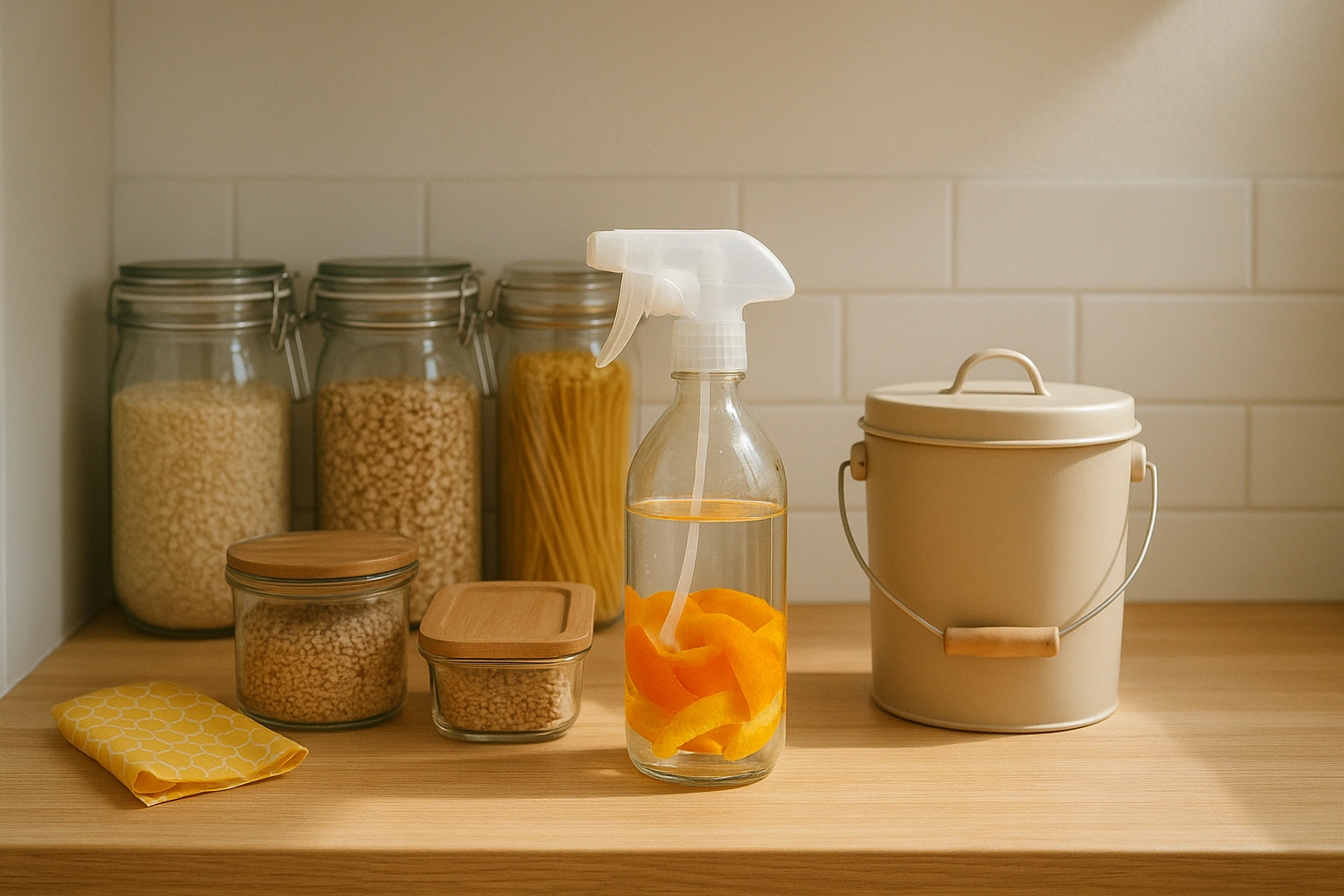 A bright, organized kitchen with glass jars, reusable containers, beeswax wraps, a spray bottle with citrus peels, and a small compost bin, illustrating zero-waste kitchen hacks for small urban homes.